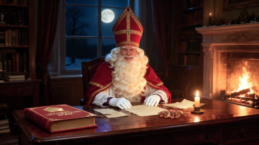Sinterklaas achter zijn bureau